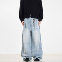 Retro Side Double Oblique Pleated Washed Blue Jeans For Men And Women