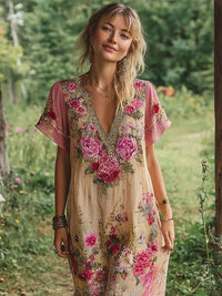 Womens Retro Bohemian Rose Embroidered Dress