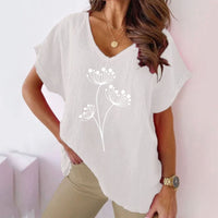 Womens Casual Cotton-Linen Short-Sleeve Batwing T-Shirt With Floral Print And V-Neck
