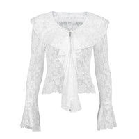 Womens Solid-Color French Style Flared-Sleeve Ruffle-Trim Shirt