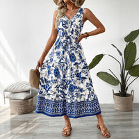 Retro Resort-style Long Dress V-neck Sleeveless One-piece Dress