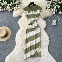 Niche Vintage-style Fashion Polo-neck Short-sleeve Contrast-striped Knit Dress