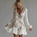 Womens Retro Bohemian Rose-Embroidered Linen Loose V-Neck Short Skirt