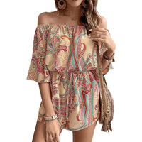 Printed Off-Shoulder Cinched Waist Short Jumpsuit For Women
