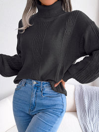 Women Turtleneck Cable Knit Lantern Sleeve Sweater Top