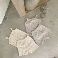 Thin Cotton Floral Suspender Shorts Two-piece Set Baby