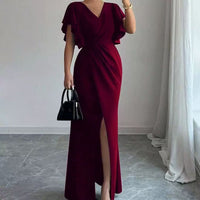 Lotus-Leaf Sleeve V-Neck Waist-Cinching Slim-Fit Long Dress
