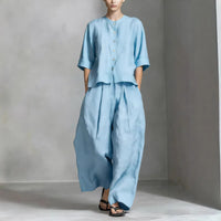 Solid-color Cotton-linen Shirt And Loose-fitting Trousers Two-piece Set