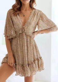 Fashionable Printed V-Neck Ruffle Womens Dress