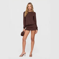 Long-sleeve Off-shoulder Round-neck Solid-color Dress