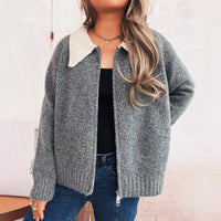 Cute Doll Collar Contrast Color Long Sleeves Zipper Casual Sweater