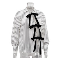 Lapel Long Sleeve Bowknot Lace Printing Striped Shirt