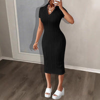 Spring Summer V-Neck Casual Fashion Pleated Short-Sleeve Womens Shirt Dress