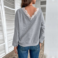 Bestselling V-neck Sweatshirt Lace-panel Top Fashionable Pullover T-shirt