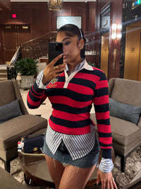Retro Contrasting Color Embroidered Design Lapel Hoodie Top