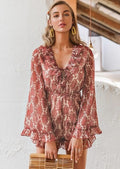 Ruffled printed long-sleeved V-neck short jumpsuit women loose