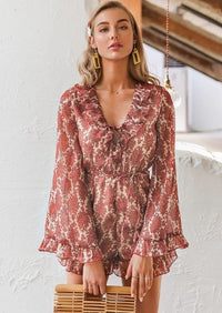 Ruffled printed long-sleeved V-neck short jumpsuit women loose