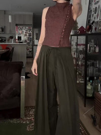 Military Green High Waist Wide-Leg Draped Pants