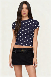 Women's Retro Polka Dot Printed Slim-fit Crew Neck Top