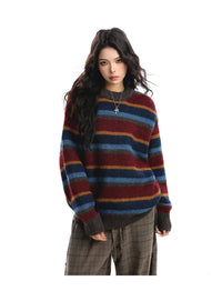 Women's American-style Contrast Striped Round Neck Sweater Autumn