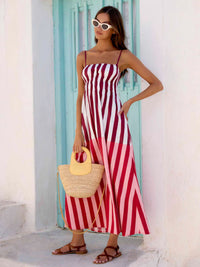 One Collar Striped Mid Waist Printed Mid Length Dress