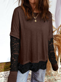Light French Beige Sheer Lace Patchwork Casual Long-Sleeve T-Shirt