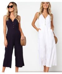Women's Fashion Pocket Zipper V-Neck Button Backless Jumpsuit
