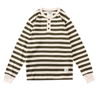 Men's Retro Henry Collar Striped Washed Cotton Long-Sleeve T-Shirt