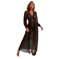 Black V-Neck Long Sleeve Lace Panel Sheer Mesh Nightdress