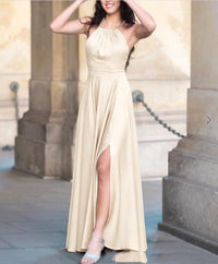 Solid Color Pleated Strapless Sleeveless Sexy Backless Lace-Up Maxi Split Evening Gown