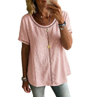 Women's Spring Summer Comfortable Casual Patchwork Hollowed-Out Trim Top T-Shirt