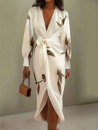 V-neck Long-sleeve Lace-up Printed Maxi Dress