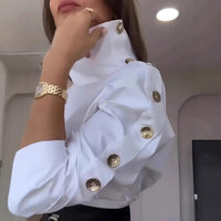 Womens High-neck Metal-buttoned Off-shoulder Blouse