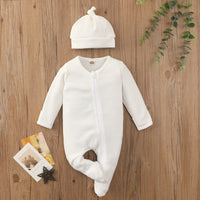 Boys And Girls Long Sleeve Solid Color Waffle Zipper Jumpsuit Foot-wrapped Romper