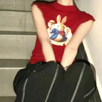 Red Half Turtleneck Rabbit Printed Vest T-shirt