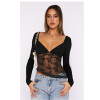 Autumn New Solid Color Lace Patchwork Top Womens Clothing