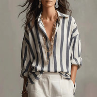 Striped Lapel Collar Loose-Fit Stylish Pullover Womens Blouse