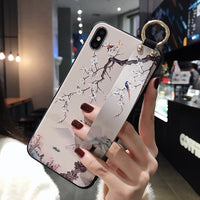 Compatible with Apple , Phone Case Vintage Floral Painted Embossed Wrist Strap