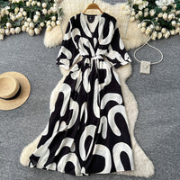 Lantern-sleeve Tie-Dye Printed Dress Womens SpringSummer High-End Defined-Waist Flared Maxi Dress