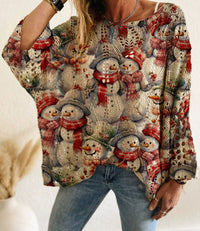 Bat Loose Off-shoulder Boat Neck Diamond Hollow-out Contrast Color Christmas Print Knitted Sweater