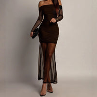 Off-the-shoulder Mesh-panel Fitted Long-sleeve Dress