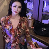 Elegant Ladylike Floral Ruffled Long-sleeved T-shirt