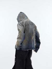 Design Sense Padded Shoulder Heavy Retro Distressed Hooded Denim Jacket