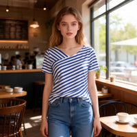 Women's Short-Sleeve Top With A Two-Tone Striped Shawl Collar
