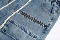Washed Distressed Multi-pocket Elastic Waist Denim Shorts