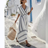 Casual Loose Retro Striped Print Holiday Dress Summer Short Sleeve V Neck Robes Dress Boho Beach Pleated A-Line Long Dress Woman