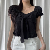 Bow-tied Ruffled Frill Puffed-sleeve Shirt