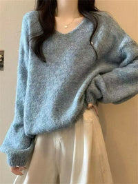 Loose V-neck Fluffy Versatile Casual Minimalist Knit Top