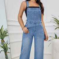 Women's Washed Denim Suspender Pants