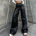 Women's Retro Letter Print Pocket Splicing Casual Leather Pants